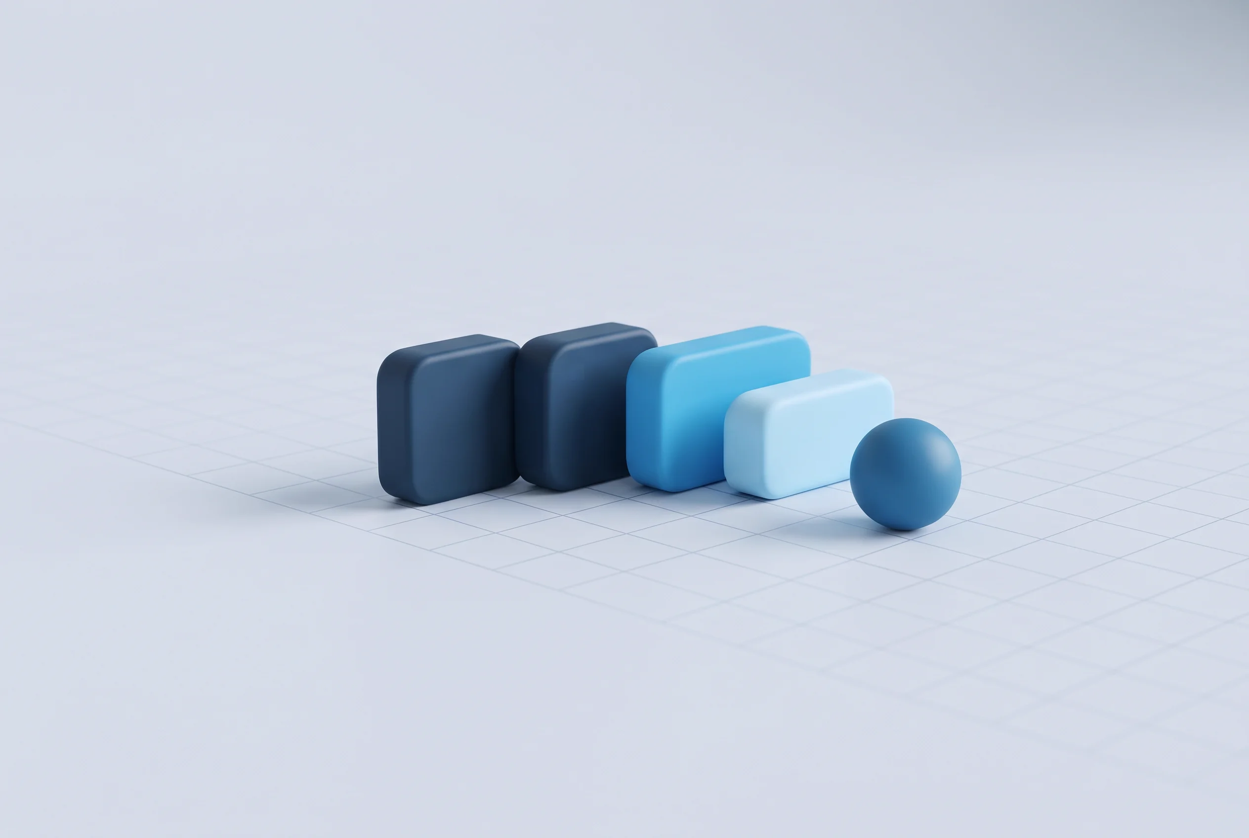Rounded blue modules and a sphere arranged on a grid